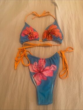Blue Floral Tie-Side Bikini with Orange Accents
